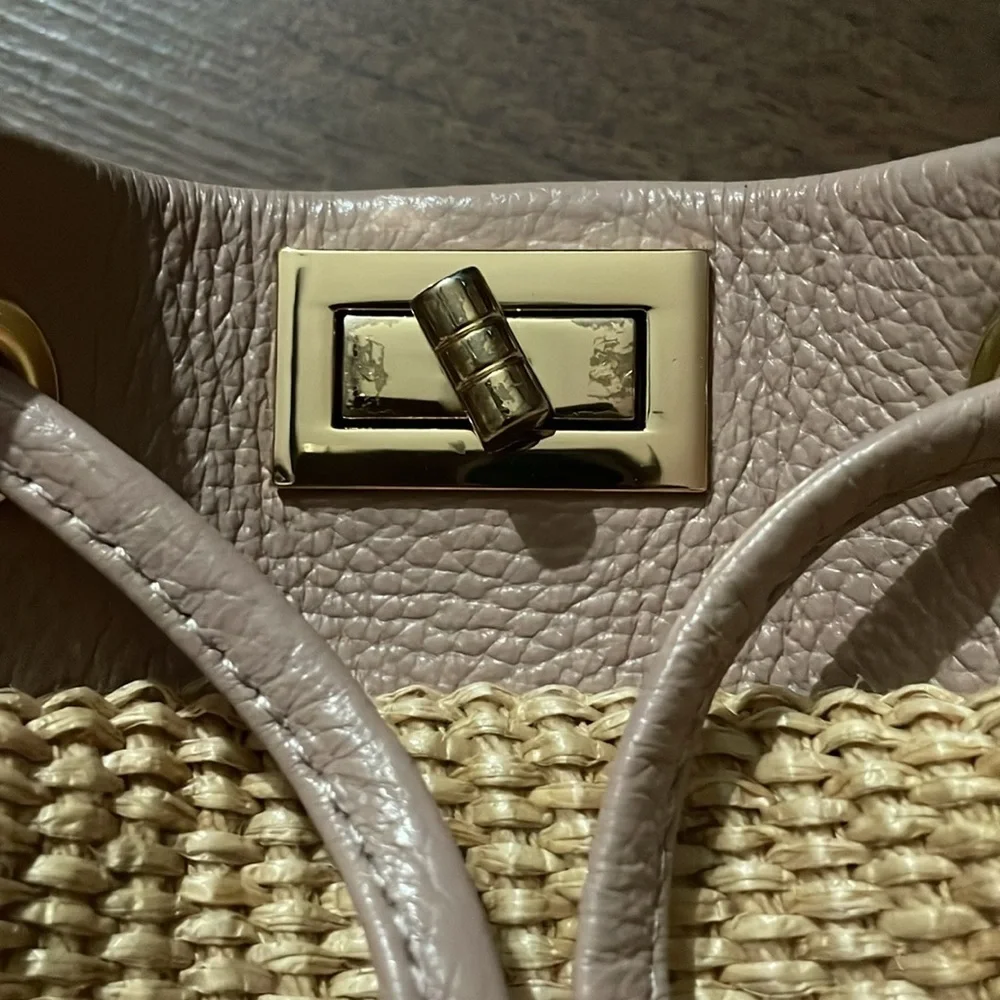 Unica Firenze Made In Italy Leather Raffia Panels Bucket Hobo Bag